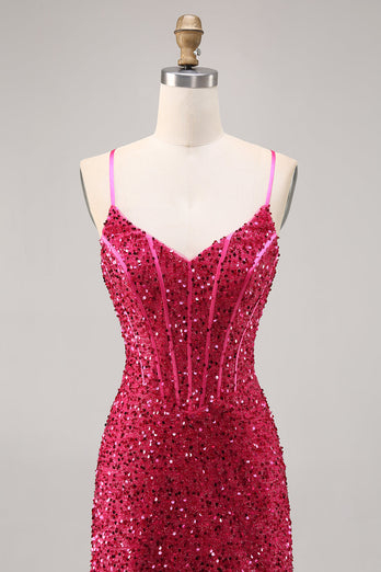 Sparkly Fuchsia Short Corset Tight Sequins Homecoming Dress