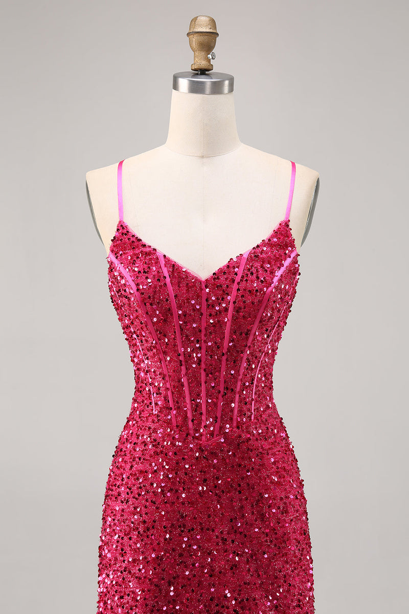 Load image into Gallery viewer, Sparkly Fuchsia Short Corset Tight Sequins Homecoming Dress