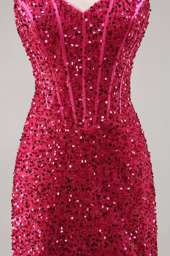 Sparkly Fuchsia Short Corset Tight Sequins Homecoming Dress