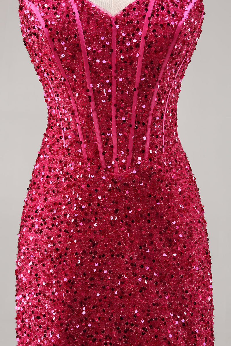 Load image into Gallery viewer, Sparkly Fuchsia Short Corset Tight Sequins Homecoming Dress