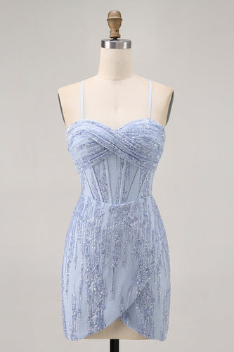 Sparkly Grey Blue Tight Short Corset Homecoming Dress with Sequins