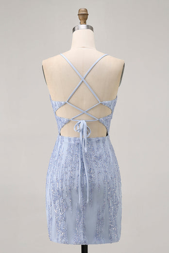 Sparkly Grey Blue Tight Short Corset Homecoming Dress with Sequins
