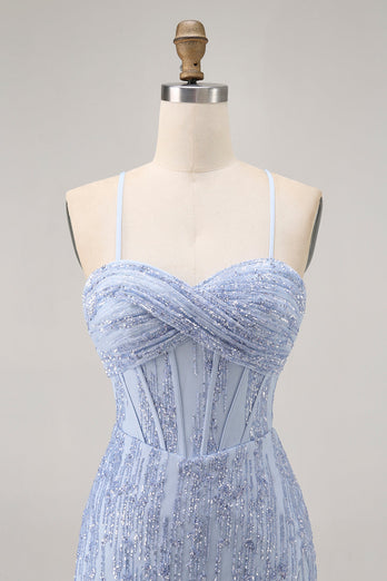Sparkly Grey Blue Tight Short Corset Homecoming Dress with Sequins