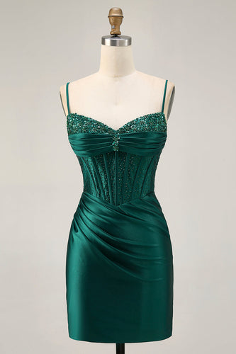 Sparkly Dark Green Satin Tight Short Corset Homecoming Dress with Beading