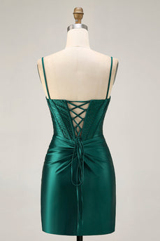 Sparkly Dark Green Satin Tight Short Corset Homecoming Dress with Beading