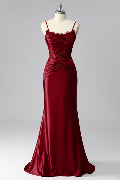 Burgundy Mermaid Satin Spaghetti Straps Long Corset Prom Dress with Lace