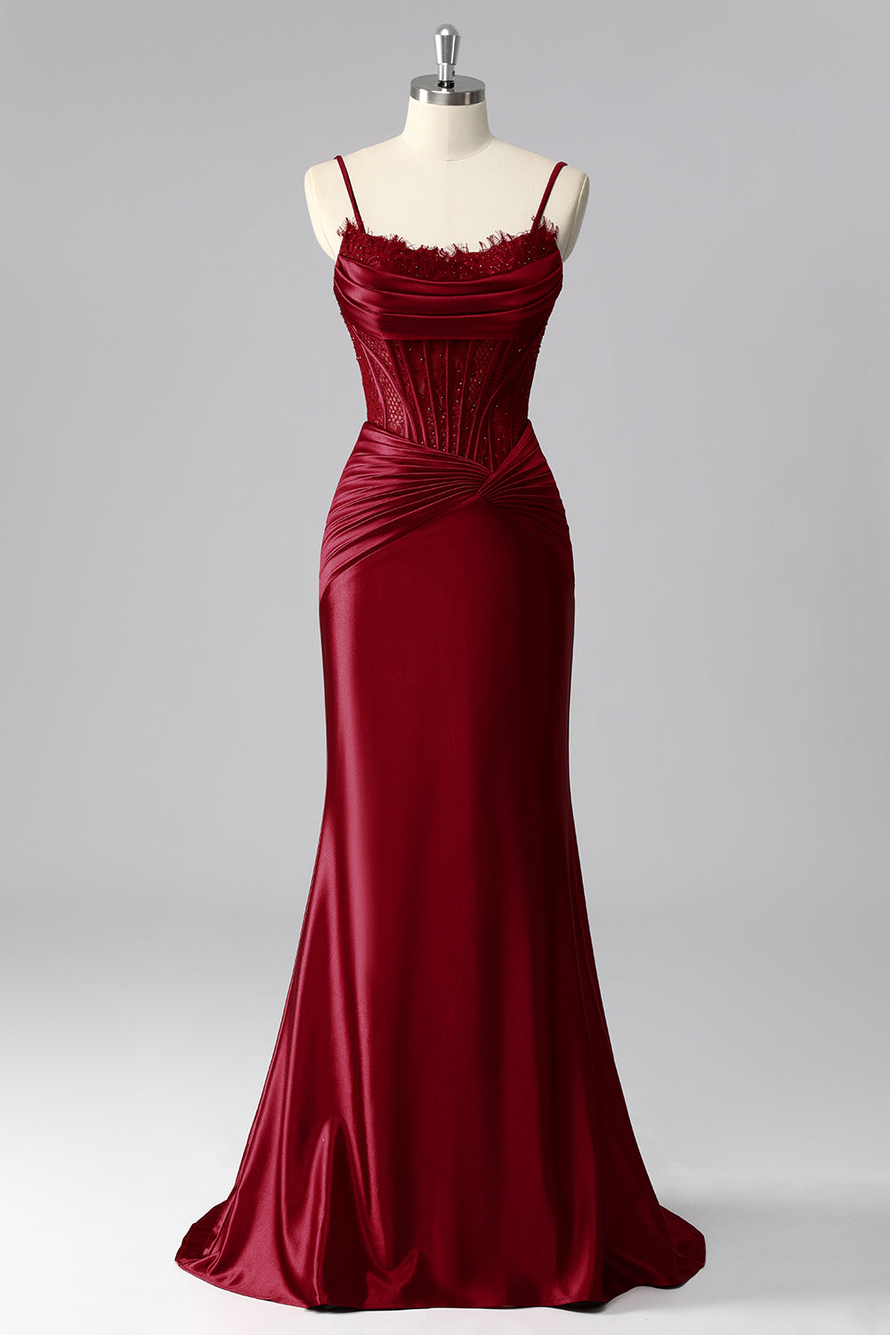 Burgundy Mermaid Satin Spaghetti Straps Long Corset Prom Dress with Lace