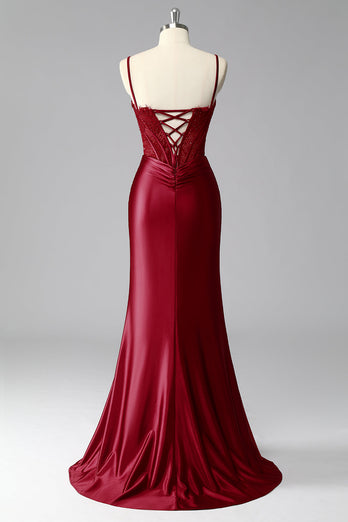 Burgundy Mermaid Satin Spaghetti Straps Long Corset Prom Dress with Lace