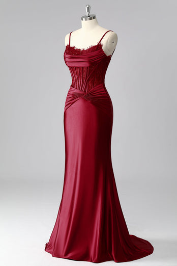 Burgundy Mermaid Satin Spaghetti Straps Long Corset Prom Dress with Lace