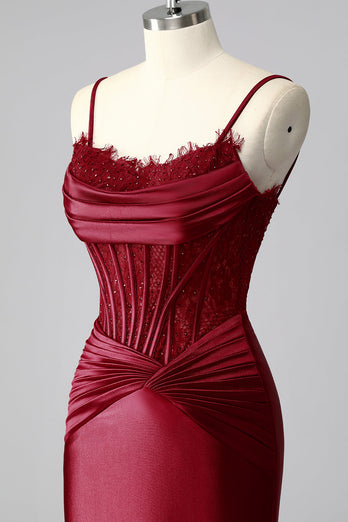 Burgundy Mermaid Satin Spaghetti Straps Long Corset Prom Dress with Lace