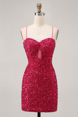Sparkly Fuchsia Sequins Tight Spaghetti Straps Short Homecoming Dress