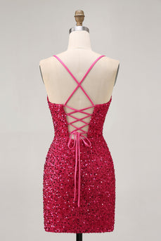 Sparkly Fuchsia Sequins Tight Spaghetti Straps Short Homecoming Dress