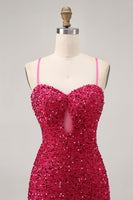 Load image into Gallery viewer, Sparkly Fuchsia Sequins Tight Spaghetti Straps Short Homecoming Dress