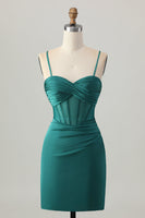 Load image into Gallery viewer, Dark Green Satin Tight Short Corset Homecoming Dress