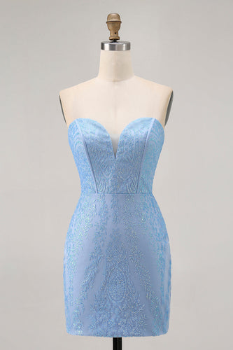 Sparkly Blue Tight Strapless Short Corset Homecoming Dress with Sequins