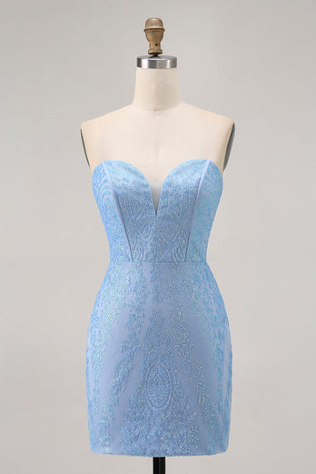 Sparkly Blue Tight Strapless Short Corset Homecoming Dress with Sequins