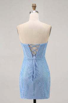 Sparkly Blue Tight Strapless Short Corset Homecoming Dress with Sequins
