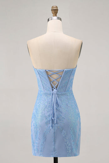Sparkly Blue Tight Strapless Short Corset Homecoming Dress with Sequins