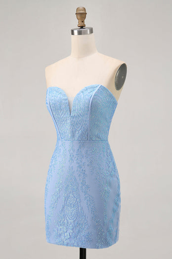 Sparkly Blue Tight Strapless Short Corset Homecoming Dress with Sequins