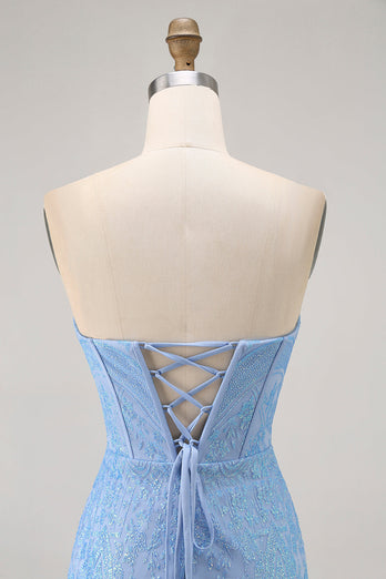 Sparkly Blue Tight Strapless Short Corset Homecoming Dress with Sequins
