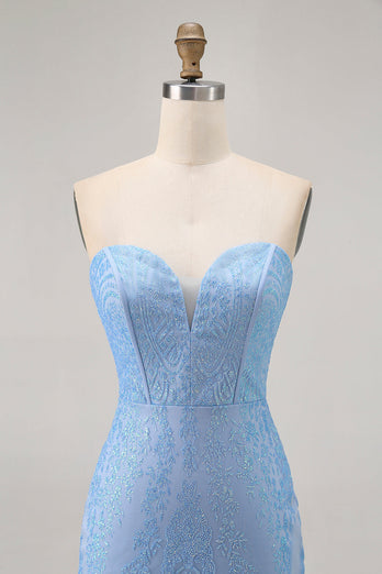 Sparkly Blue Tight Strapless Short Corset Homecoming Dress with Sequins