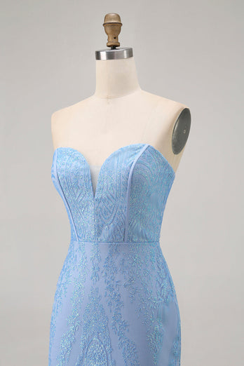 Sparkly Blue Tight Strapless Short Corset Homecoming Dress with Sequins