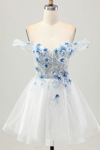 Sparkly Floral White Blue A Line Short Corset Homecoming Dress with Beading