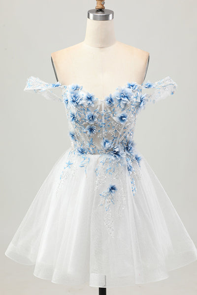 Sparkly Floral White Blue A Line Short Corset Homecoming Dress with Beading