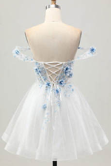 Sparkly Floral White Blue A Line Short Corset Homecoming Dress with Beading