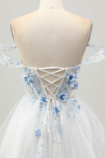 Sparkly Floral White Blue A Line Short Corset Homecoming Dress with Beading