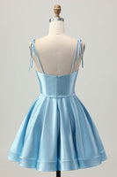 Load image into Gallery viewer, Blue A Line Spaghetti Straps Short Satin Homecoming Dress