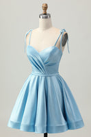 Load image into Gallery viewer, Blue A Line Spaghetti Straps Short Satin Homecoming Dress