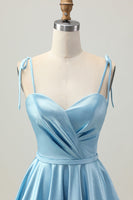 Load image into Gallery viewer, Blue A Line Spaghetti Straps Short Satin Homecoming Dress