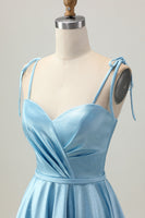 Load image into Gallery viewer, Blue A Line Spaghetti Straps Short Satin Homecoming Dress