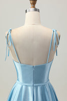 Load image into Gallery viewer, Blue A Line Spaghetti Straps Short Satin Homecoming Dress