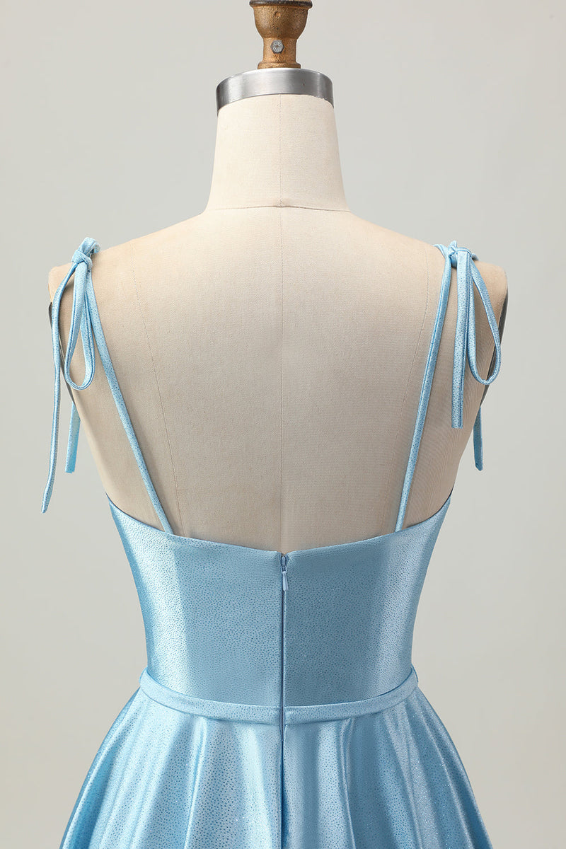 Load image into Gallery viewer, Blue A Line Spaghetti Straps Short Satin Homecoming Dress