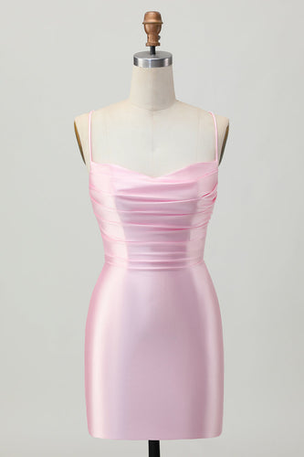Blush Pink Satin Ruched Tight Spaghetti Straps Short Homecoming Dress
