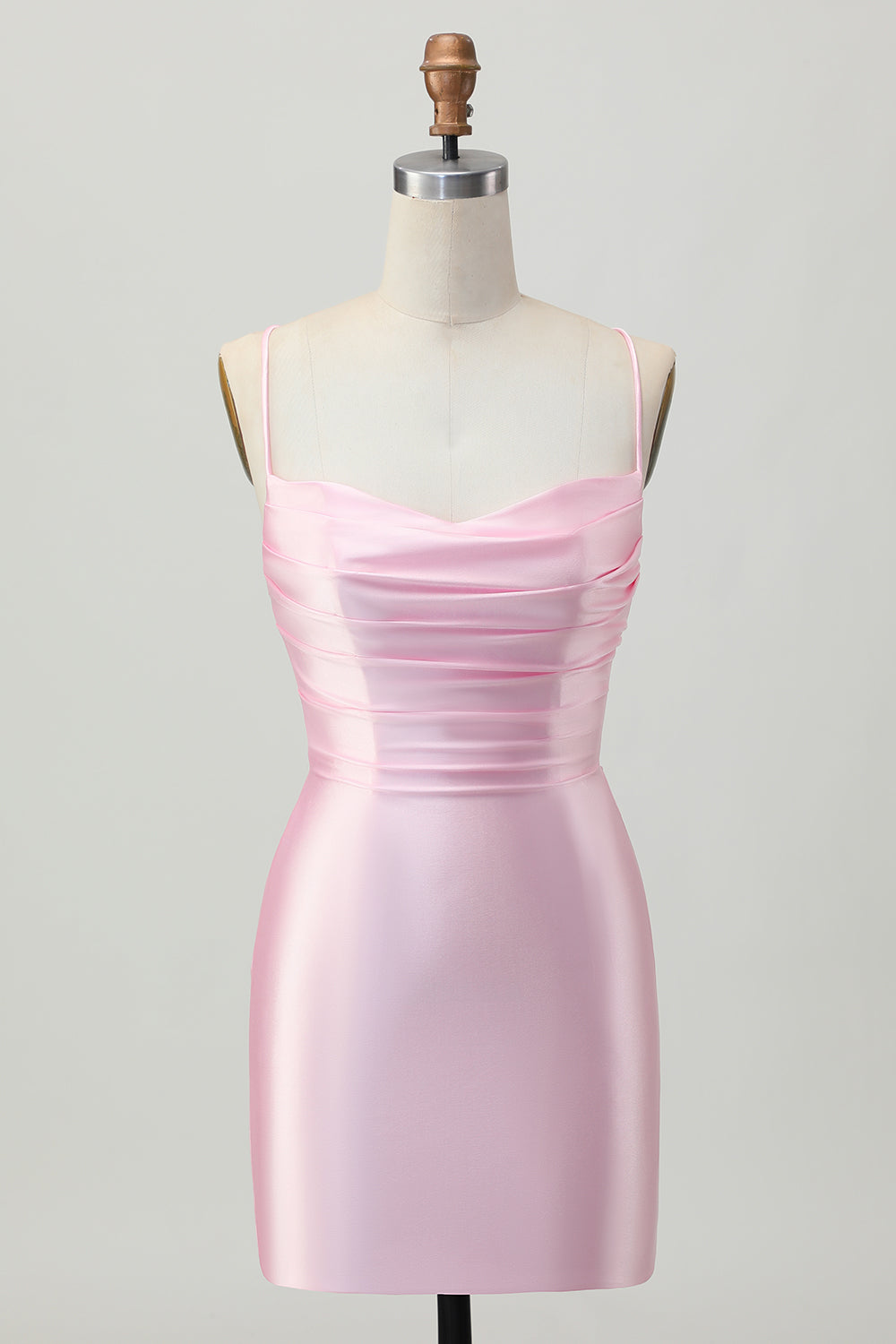 Blush Pink Satin Ruched Tight Spaghetti Straps Short Homecoming Dress
