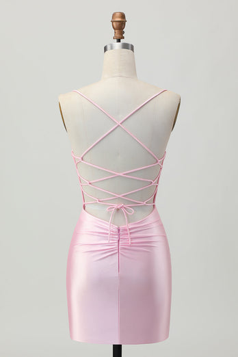 Blush Pink Satin Ruched Tight Spaghetti Straps Short Homecoming Dress