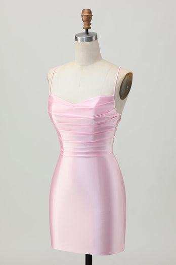 Blush Pink Satin Ruched Tight Spaghetti Straps Short Homecoming Dress