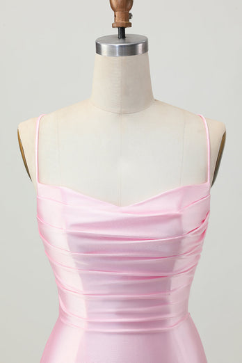 Blush Pink Satin Ruched Tight Spaghetti Straps Short Homecoming Dress