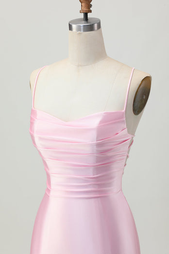 Blush Pink Satin Ruched Tight Spaghetti Straps Short Homecoming Dress