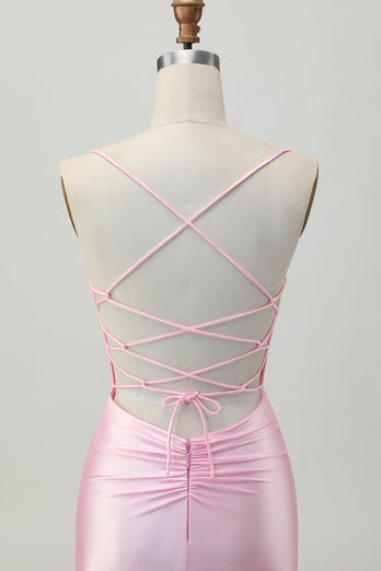 Blush Pink Satin Ruched Tight Spaghetti Straps Short Homecoming Dress