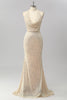 Load image into Gallery viewer, Sparkly Apricot Mermaid Sequin Halter Cowl Neck Backless Long Prom Dress