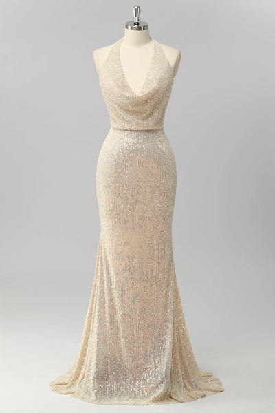 Sparkly Apricot Mermaid Sequin Halter Cowl Neck Backless Long Prom Dress