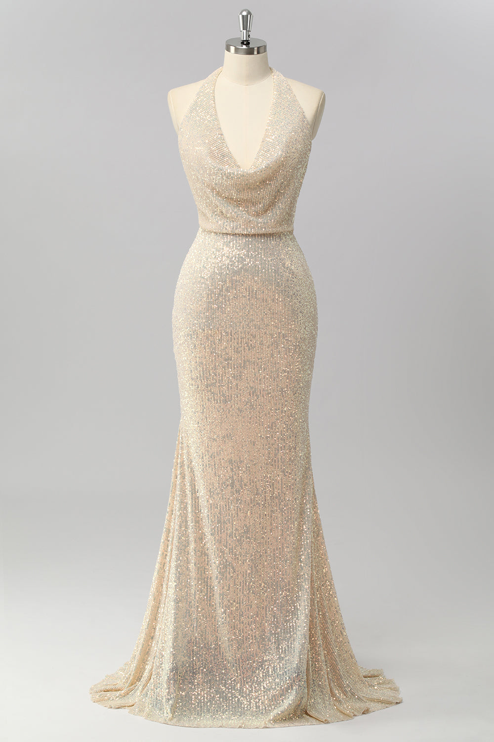 Sparkly Apricot Mermaid Sequin Halter Cowl Neck Backless Long Prom Dress