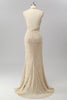 Load image into Gallery viewer, Sparkly Apricot Mermaid Sequin Halter Cowl Neck Backless Long Prom Dress