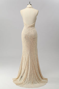 Sparkly Apricot Mermaid Sequin Halter Cowl Neck Backless Long Prom Dress