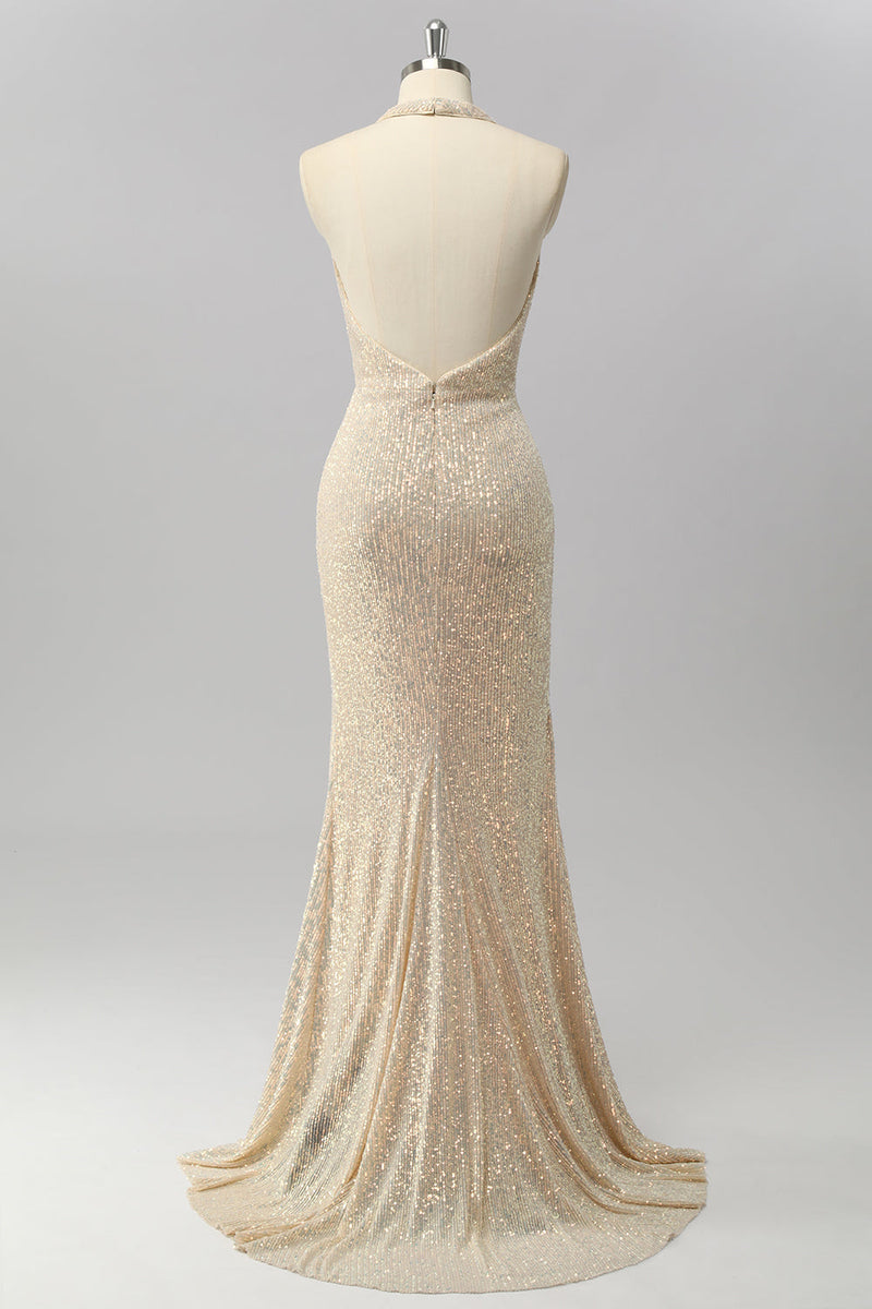 Load image into Gallery viewer, Sparkly Apricot Mermaid Sequin Halter Cowl Neck Backless Long Prom Dress