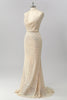 Load image into Gallery viewer, Sparkly Apricot Mermaid Sequin Halter Cowl Neck Backless Long Prom Dress